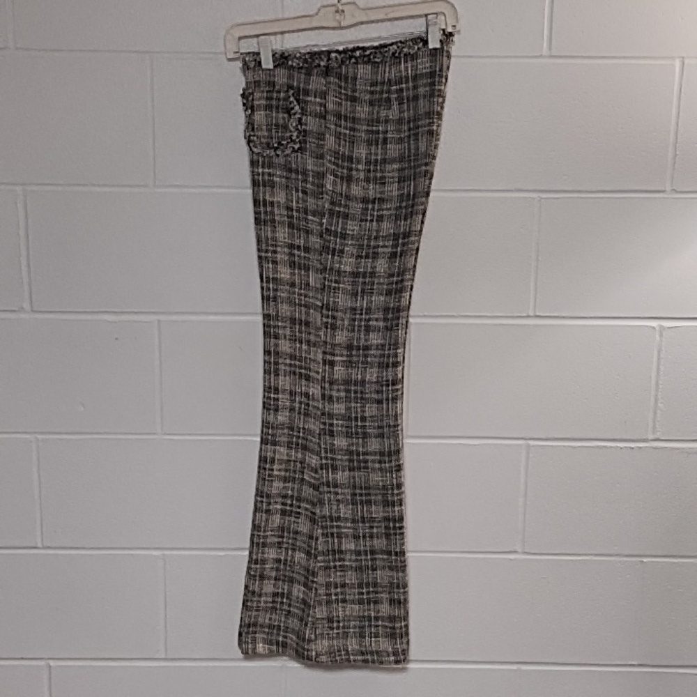Zara 8 Textured Raw Fringe Edged Trouser Pants Boot Cut Glen Plaid Black Cream